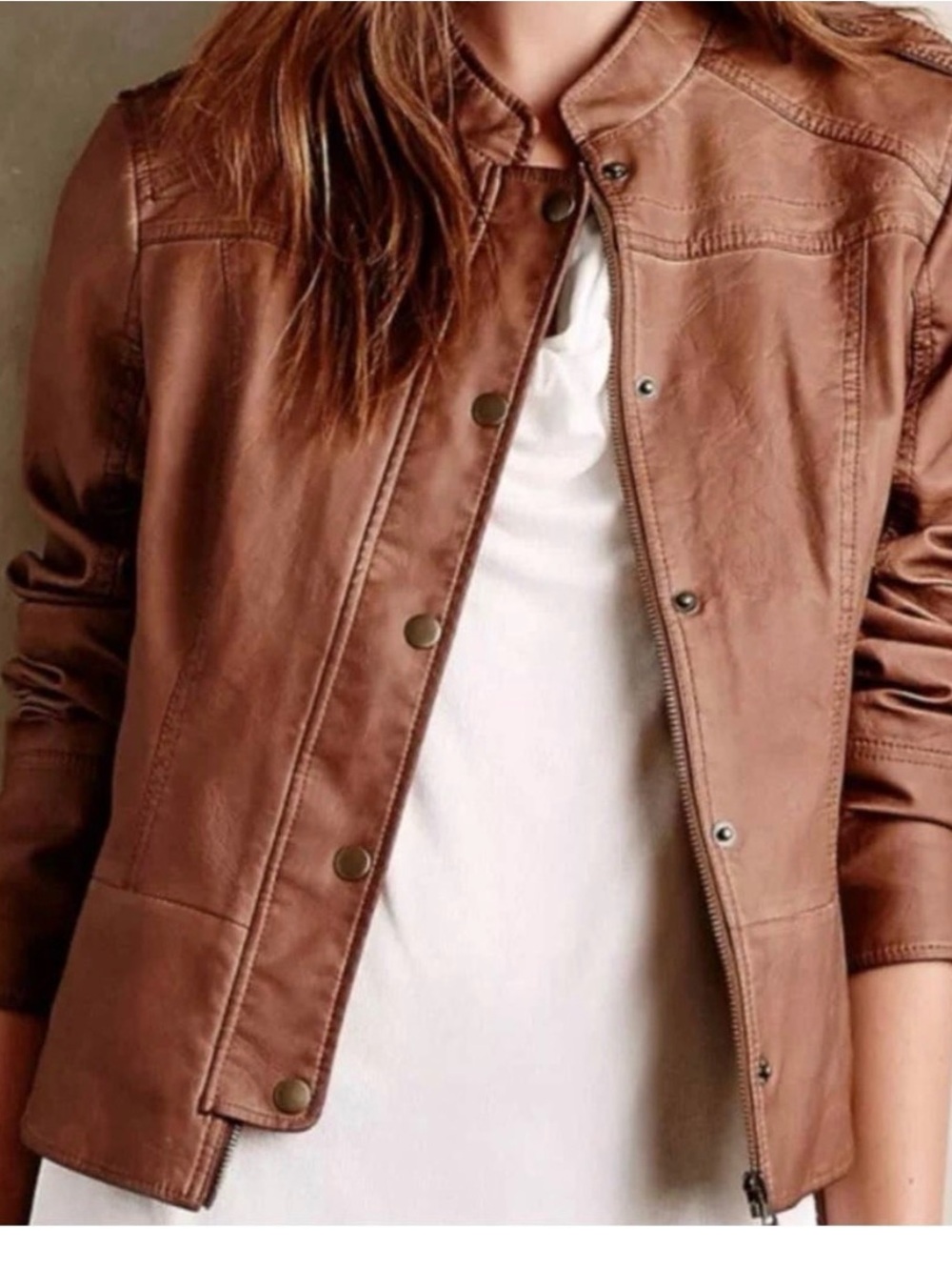 Hei Hei Anthropologie Vegan Faux Leather Moto Bomber Cognac Brown Large